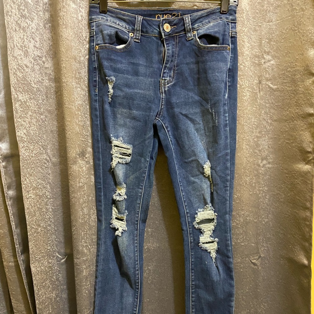 High Rise Distressed Blue Denim Jegging - Picture 2 of 9